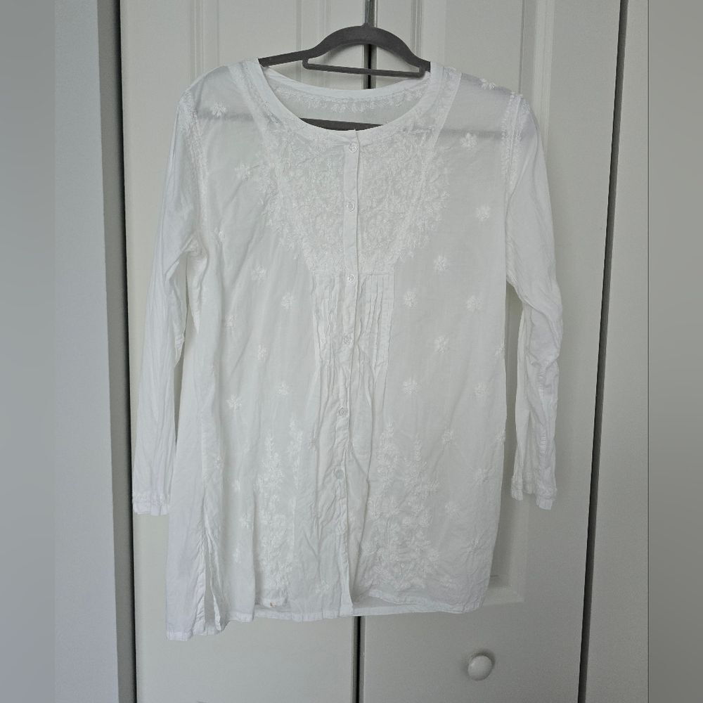 White Embroidered Button-Front Tunic Top